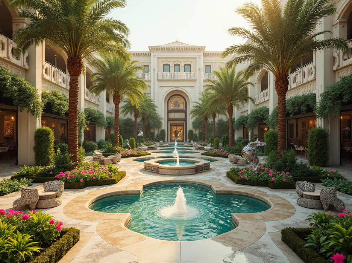 Prompt: Geometric gardens, ornate fountains, symmetrical pathways, lush greenery, vibrant flowers, palm trees, tropical plants, metallic sculptures, abstract art pieces, luxurious outdoor furniture, pastel-colored accents, vintage street lamps, decorative ironwork, curved lines, ornate details, 1920s-inspired patterns, warm golden lighting, shallow depth of field, 3/4 composition, panoramic view, realistic textures, ambient occlusion.