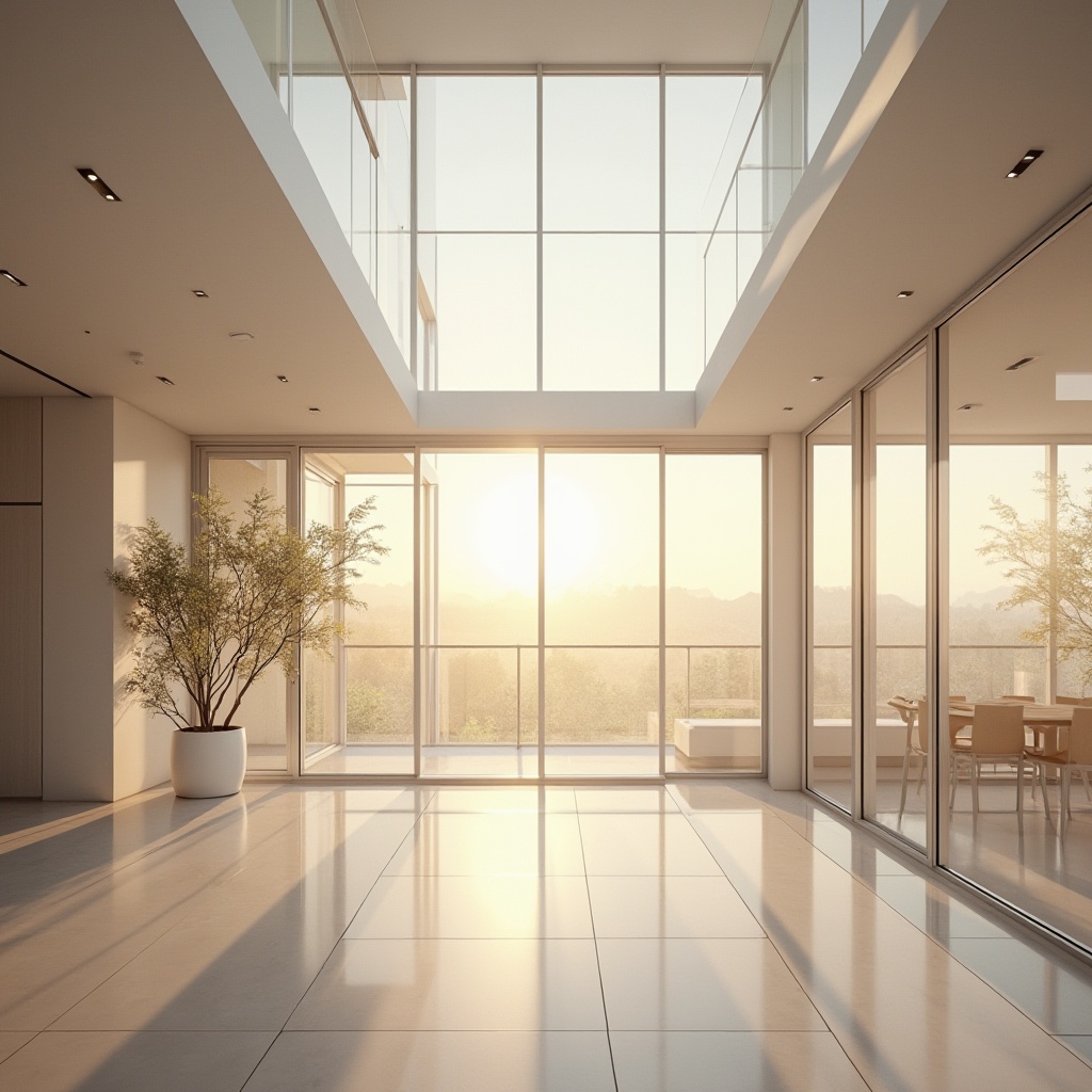 Prompt: Soft warm glow, abundant daylight, floor-to-ceiling windows, transparent glass surfaces, minimal window frames, clerestory windows, skylights, open floor plans, reflective interior finishes, pale color schemes, subtle shading, gentle shadows, soft focus, 1/1 composition, realistic textures, ambient occlusion.