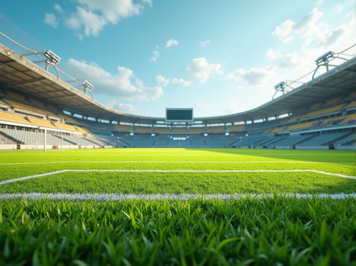 Prompt: Vibrant sports field, lush green grass, bold white lines, bright yellow goalposts, sturdy metal fences, athletic tracks, modern stadium architecture, sleek scoreboards, dynamic floodlights, warm sunny day, shallow depth of field, 3/4 composition, panoramic view, realistic textures, ambient occlusion.