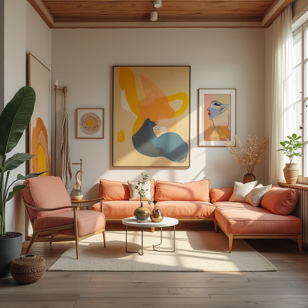 Prompt: Vibrant artistic studio, eclectic furniture pieces, bold abstract artworks, rich wood accents, metallic hardware, soft pastel hues, creamy whites, deep charcoal grays, warm golden lighting, shallow depth of field, 1/1 composition, realistic textures, ambient occlusion.