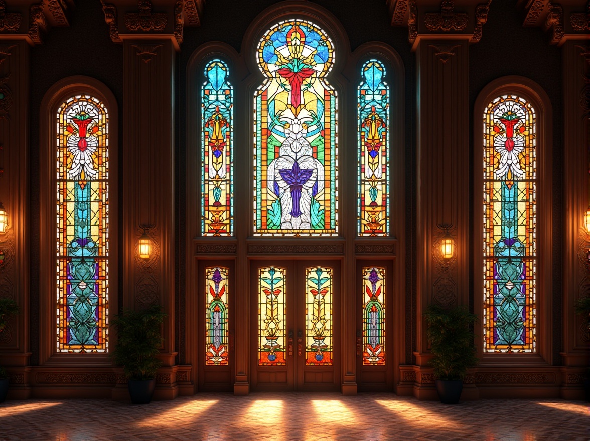 Prompt: Vibrant stained glass windows, ornate metal frames, geometric patterns, Art Deco architecture, luxurious materials, opulent decorations, grand entrances, lavish interiors, rich colors, intricate designs, symmetrical compositions, 1/1 aspect ratio, high contrast lighting, dramatic shadows, realistic textures, ambient occlusion.