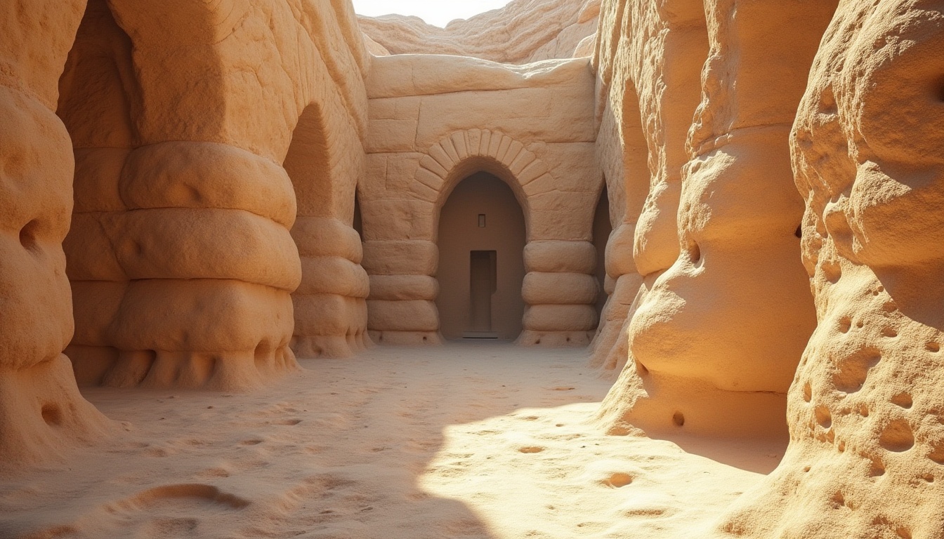 Prompt: Natural sandstone walls, earthy tones, rough textures, organic shapes, desert landscape inspiration, warm beige color palette, rustic architectural style, ancient ruins references, weathered stone surfaces, natural erosion patterns, intricate fossil details, soft warm lighting, shallow depth of field, 3/4 composition, realistic textures, ambient occlusion.