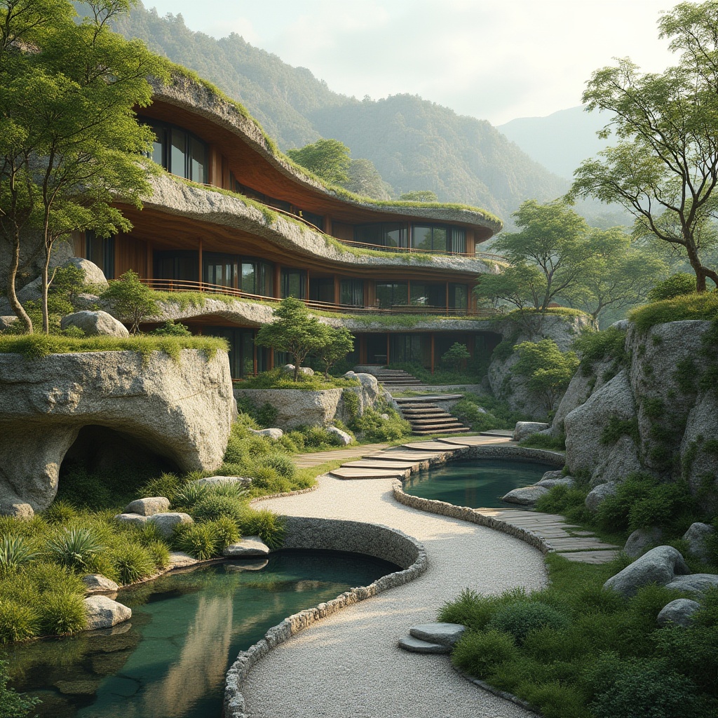 Prompt: Seamless landscape integration, harmonious blending of architecture with nature, organic curves, green roofs, living walls, natural stone foundations, earthy tones, verdant foliage, meandering pathways, serene water features, reflecting pools, raked gravel, wooden decks, cantilevered structures, panoramic views, soft diffused lighting, atmospheric perspective, 1/2 composition, realistic textures, ambient occlusion.