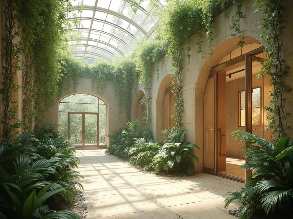 Prompt: Ethereal atrium, lush greenery, delicate vines, translucent roof panels, soft diffused lighting, natural stone flooring, minimalist decor, sleek metal frames, glass railings, serene ambiance, warm beige tones, subtle texture variations, shallow depth of field, 1/2 composition, realistic reflections, ambient occlusion.