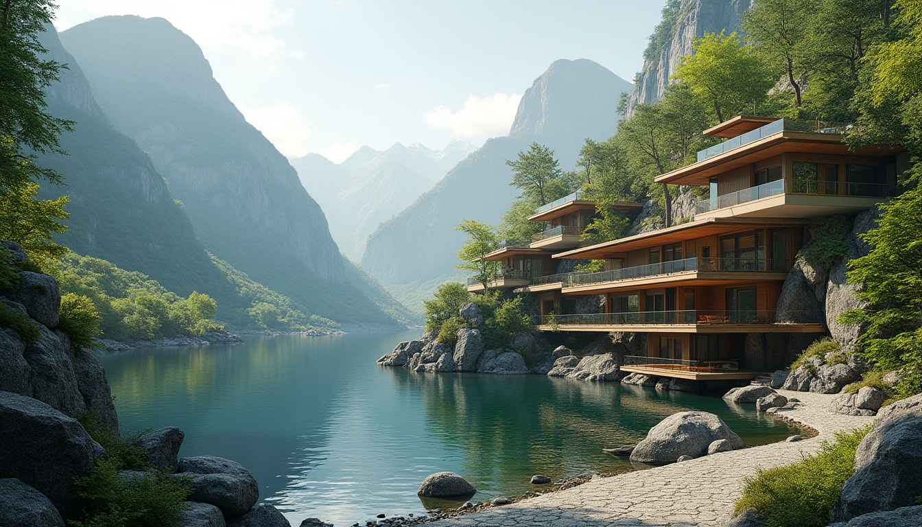 Prompt: Scenic mountain ranges, serene lakeside, lush green forests, winding stone pathways, modern architectural designs, harmonious building integration, natural rock formations, earthy tone buildings, cantilevered structures, floor-to-ceiling windows, minimalist interior decor, warm soft lighting, shallow depth of field, 3/4 composition, panoramic view, realistic textures, ambient occlusion.