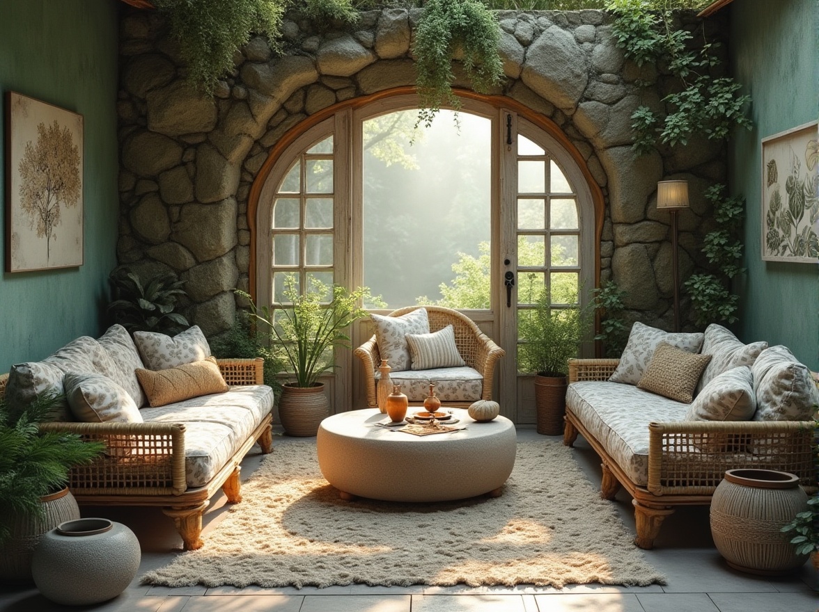 Prompt: Earthy tones, mossy greens, sky blues, sandy beiges, driftwood grays, blooming floral patterns, natural stone textures, woven wicker furniture, reclaimed wood accents, lush foliage, misty mornings, soft diffused lighting, warm cozy atmosphere, 1/1 composition, intimate focus, realistic renderings.