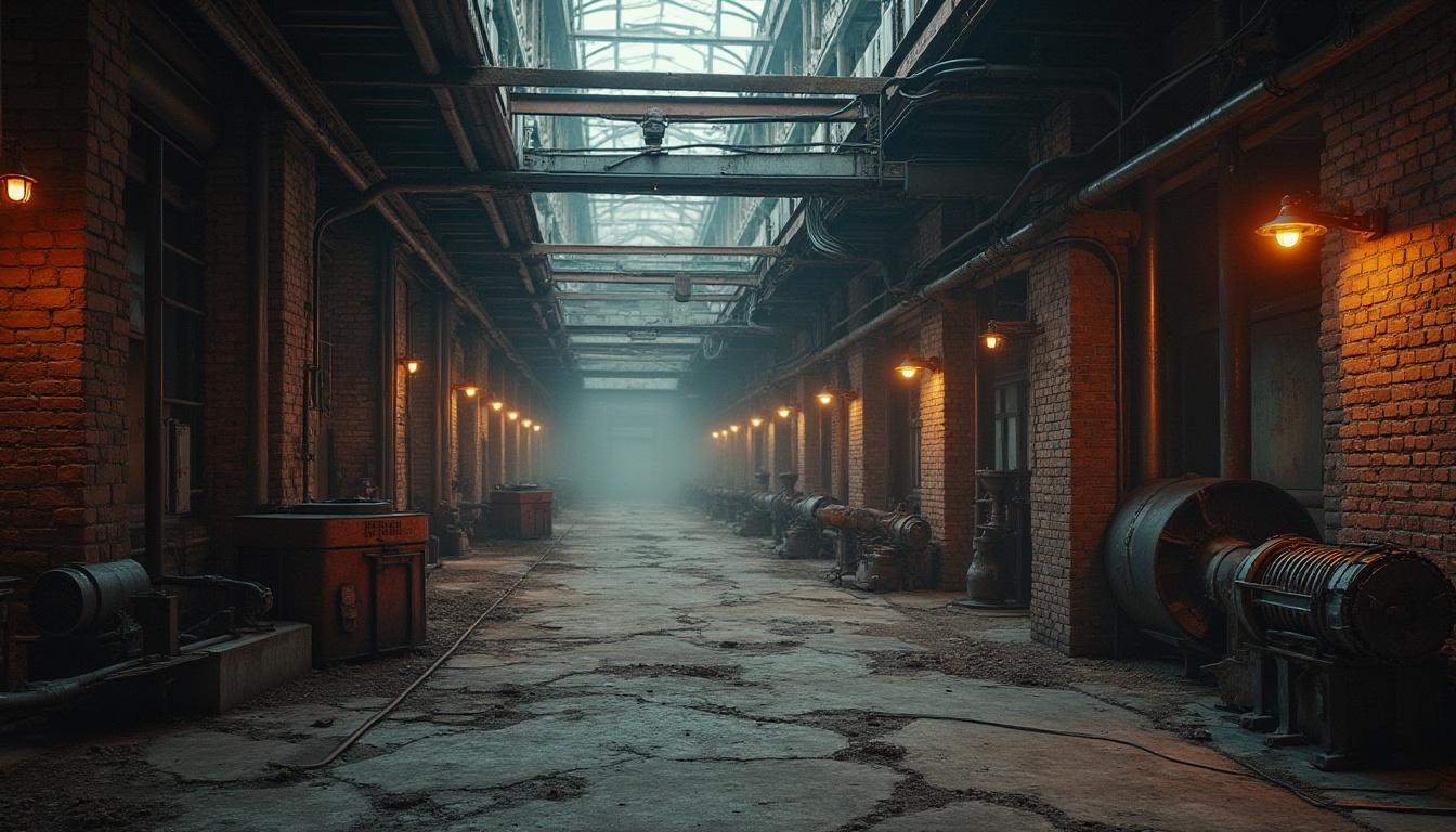 Prompt: Rustic industrial landscape, abandoned factories, crumbling brick walls, metallic pipes, old machinery, futuristic neon lights, cyberpunk ambiance, steel beams, concrete floors, urban decay, post-apocalyptic atmosphere, misty fog, warm color grading, cinematic lighting, shallow depth of field, 2/3 composition, dramatic shadows, realistic textures, ambient occlusion.