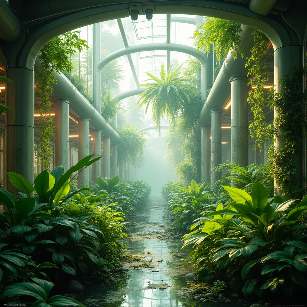 Prompt: Lush greenery, tropical plants, misty atmosphere, warm natural light, organic shapes, futuristic curves, sleek metal framework, transparent glass walls, minimalist decor, sustainable energy systems, hydroponic farming, aeroponic towers, living walls, urban agriculture, eco-friendly materials, innovative irrigation systems, vibrant colorful accents, intricate botanical patterns, soft ambient lighting, shallow depth of field, 3/4 composition, panoramic view, realistic textures, ambient occlusion.