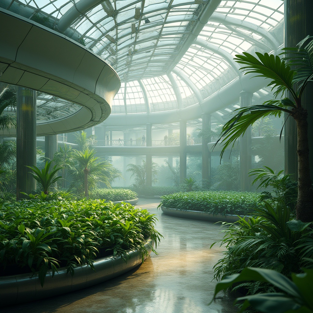 Prompt: Curved glass roofs, lush tropical vegetation, misty atmosphere, natural light diffusion, organic shapes, futuristic botanical labs, hydroponic systems, aerodynamic planters, iridescent metal accents, bioluminescent lighting, soft focus photography, shallow depth of field, 1/2 composition, warm color palette, humid climate, futuristic architecture, sustainable energy harvesting, solar panels, wind turbines, recycled materials, living walls, green roofs, innovative irrigation systems, ambient occlusion.