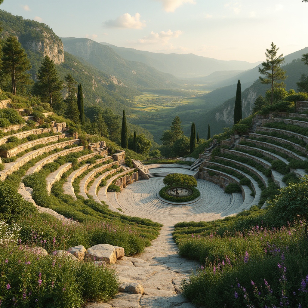 Prompt: Seamless amphitheater design, rolling hills, lush greenery, natural stone seating, wooden benches, meandering walkways, gentle slopes, scenic lookout points, panoramic views, tiered landscaping, native plant species, wildflower fields, soft warm lighting, golden hour ambiance, shallow depth of field, 3/4 composition, symmetrical architecture, curved lines, organic forms, eco-friendly materials, sustainable drainage systems, rainwater harvesting, green roofs, vibrant colorful textiles, intricate stone carvings.