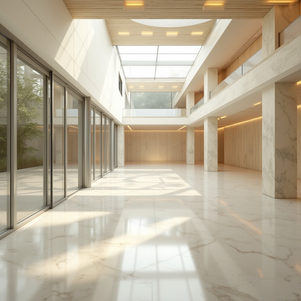 Prompt: Spacious open-plan interior, floor-to-ceiling windows, sliding glass doors, minimal obstructions, reflective surfaces, polished marble floors, creamy white walls, clerestory windows, skylights, solar tubes, natural stone accents, wooden beams, airy atmosphere, soft warm lighting, shallow depth of field, 1/1 composition, realistic textures, ambient occlusion.