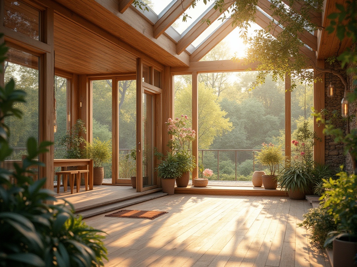 Prompt: Soft warm glow, large windows, transparent glass, minimal shading devices, clerestory windows, skylights, open ceiling, bright airy atmosphere, indirect lighting, diffused illumination, subtle shadows, natural color palette, earthy tones, organic textures, wooden accents, stone walls, lush greenery, blooming flowers, gentle morning light, warm afternoon sunbeams, soft evening ambiance, 1/1 composition, shallow depth of field, realistic rendering.