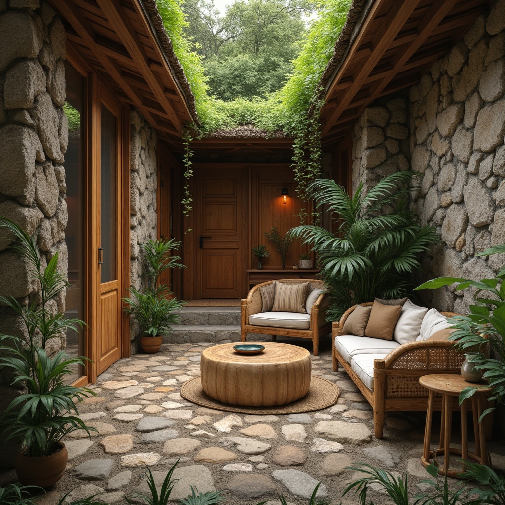 Prompt: Rustic wooden accents, earthy stone walls, lush green roofs, reclaimed wood furniture, bamboo flooring, natural fiber textiles, woven rattan details, organic shapes, curved lines, minimal ornamentation, warm ambient lighting, soft shadows, 1/1 composition, realistic wood grain textures, subtle color palette, serene atmosphere, peaceful surroundings, forest-inspired ambiance.