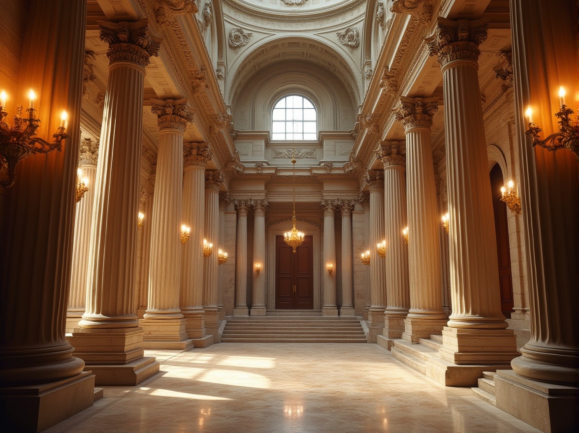 Prompt: Grand university hall, Corinthian columns, ornate capitals, carved marble bases, rusticated stone walls, symmetrical facade, imposing entrance, sweeping staircases, intricate moldings, vaulted ceilings, dramatic chandeliers, warm golden lighting, shallow depth of field, 1/2 composition, realistic textures, ambient occlusion.