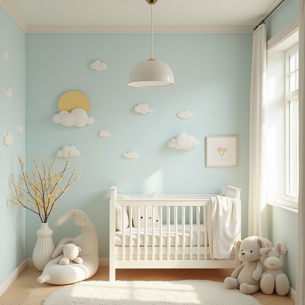 Prompt: Soft baby blue walls, creamy white trim, gentle wood accents, serene nursery atmosphere, delicate flower patterns, pale yellow highlights, subtle texture contrasts, warm natural lighting, cozy reading nooks, plush toy arrangements, whimsical illustrations, dreamy cloud shapes, calming color harmony, soothing ambiance, 1/2 composition, soft focus effect, realistic fabric textures.