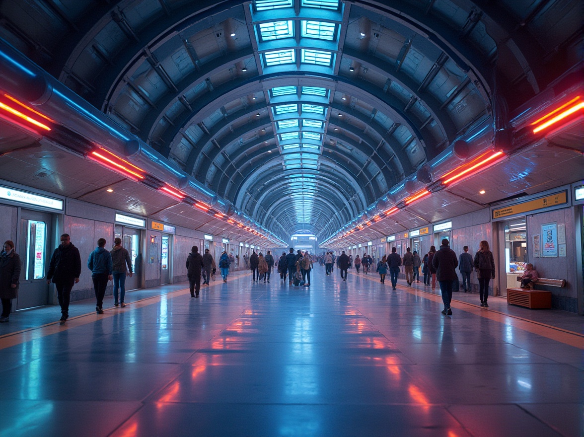 Prompt: Futuristic metro station, sleek modern architecture, vibrant LED lights, dynamic color changing patterns, high-ceilinged entrance halls, spacious platforms, gleaming metallic surfaces, advanced signage systems, interactive information displays, minimalist seating areas, efficient crowd management, bustling urban atmosphere, evening rush hour, soft warm glow, shallow depth of field, 1/2 composition, symmetrical framing, realistic reflections.