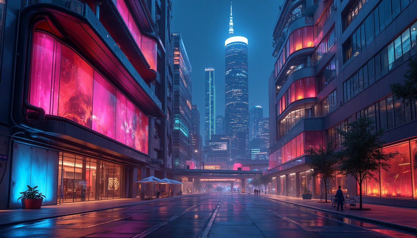 Prompt: Vibrant modern architecture, sleek glass facades, metallic accents, neon lights, abstract shapes, geometric patterns, bold color contrasts, futuristic ambiance, urban cityscape, nighttime atmosphere, moody lighting, shallow depth of field, 1/2 composition, cinematic view, realistic reflections, ambient occlusion, matte finishes, gradient effects.