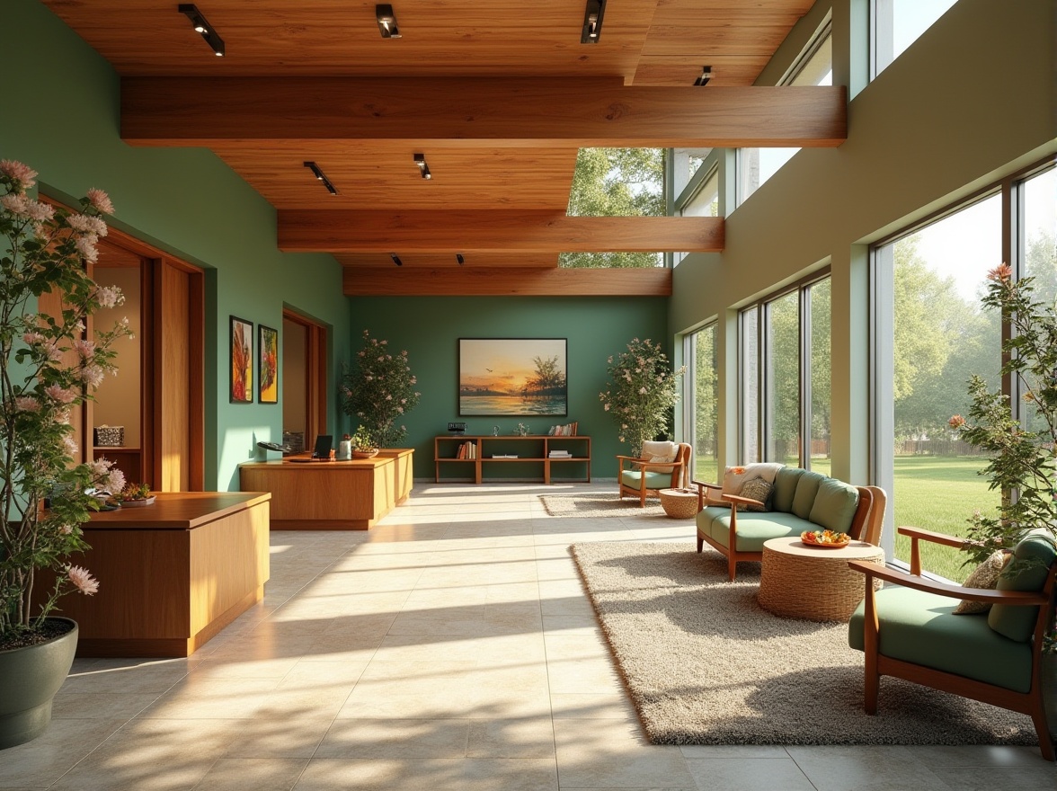 Prompt: Cozy community center, warm lighting, wooden accents, comfortable seating areas, vibrant artwork, lush green walls, natural stone floors, modern minimalistic design, large windows, sliding glass doors, outdoor patio, blooming flowers, sunny day, soft warm lighting, shallow depth of field, 3/4 composition, panoramic view, realistic textures, ambient occlusion.