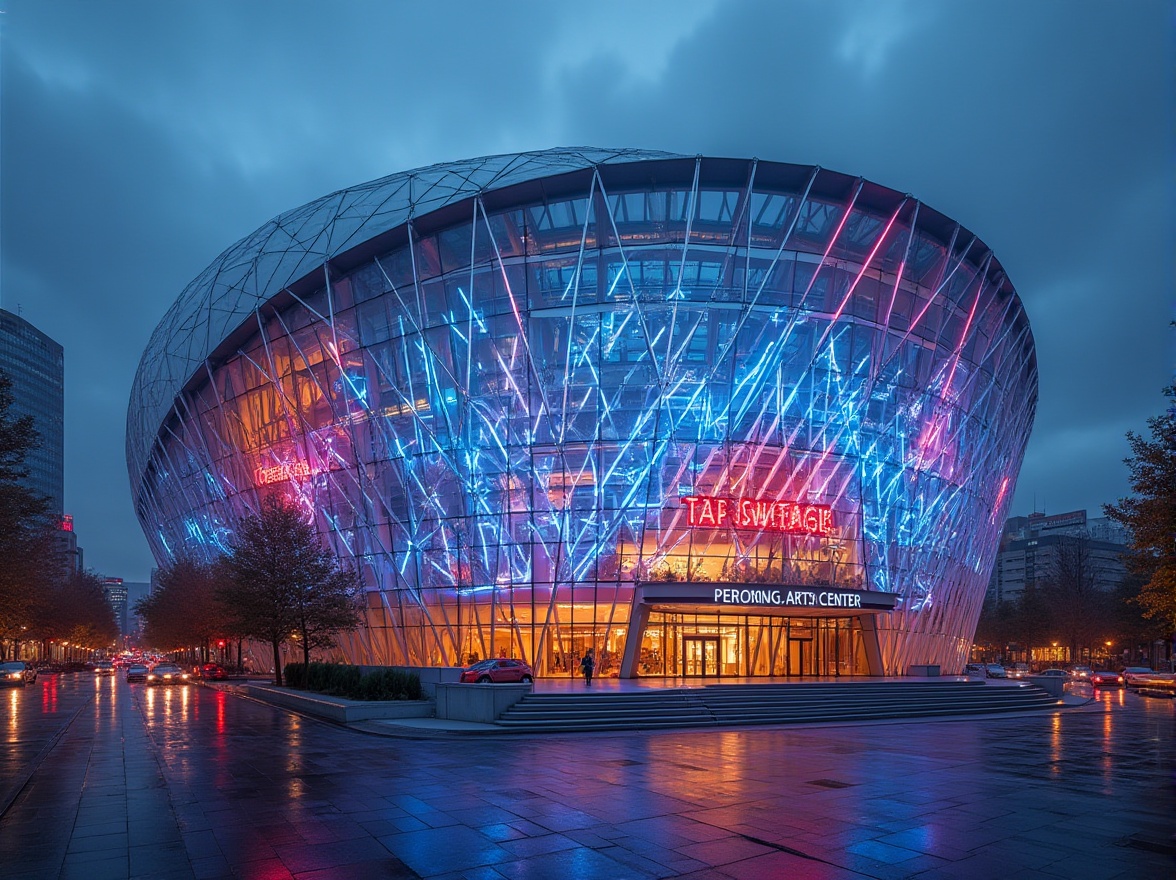 Prompt: Vibrant performing arts center, curved glass facade, dynamic LED lighting, undulating steel structures, transparent roof canopies, modern minimalist architecture, bold angular lines, reflective surfaces, abstract patterns, futuristic aesthetic, evening cityscape, bustling streets, urban landscape, shallow depth of field, 1/1 composition, wide-angle lens, cinematic atmosphere, high-contrast lighting, dramatic shadows.