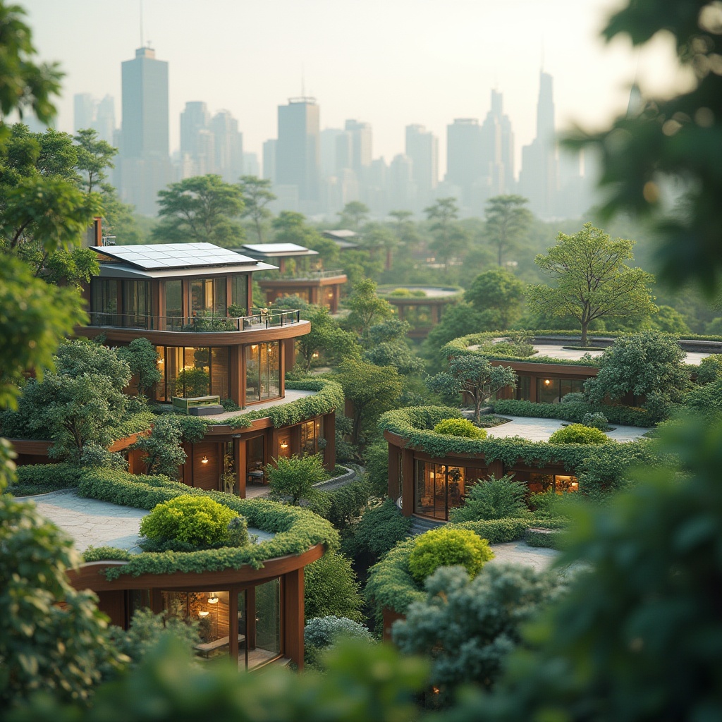 Prompt: Eco-friendly buildings, green roofs, solar panels, wind turbines, rainwater harvesting systems, natural ventilation, living walls, urban gardens, recycled materials, energy-efficient systems, sustainable design, harmonious landscape integration, serene atmosphere, soft natural lighting, shallow depth of field, 1/1 composition, realistic textures, ambient occlusion.