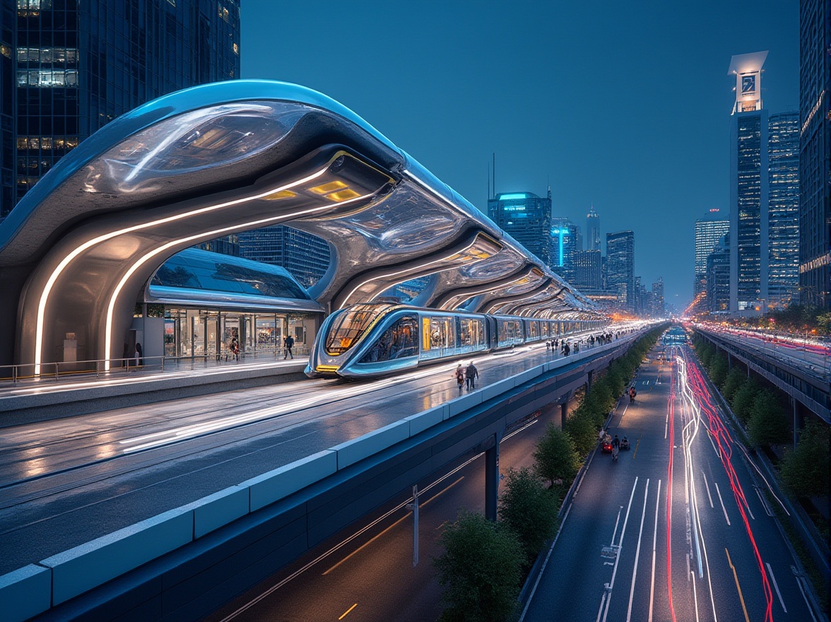 Prompt: Futuristic tram station, dynamic LED light installations, sleek metal panels, translucent glass canopies, aerodynamic curves, sustainable energy harvesting systems, green roofs, cantilevered structures, modern urban landscape, bustling city streets, vibrant night lighting, shallow depth of field, 1/1 composition, realistic reflections, ambient occlusion.