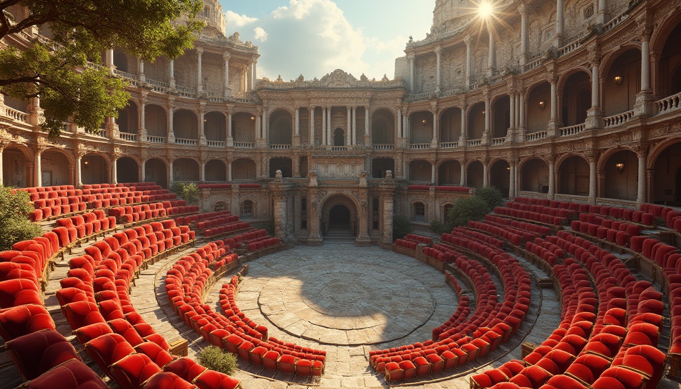 Prompt: Ancient Roman amphitheater, grandiose architecture, curved seating arrangement, ornate stone carvings, vibrant red velvet upholstery, golden accents, majestic columns, arched windows, natural stone flooring, lush greenery, warm sunny day, soft warm lighting, shallow depth of field, 3/4 composition, panoramic view, realistic textures, ambient occlusion.