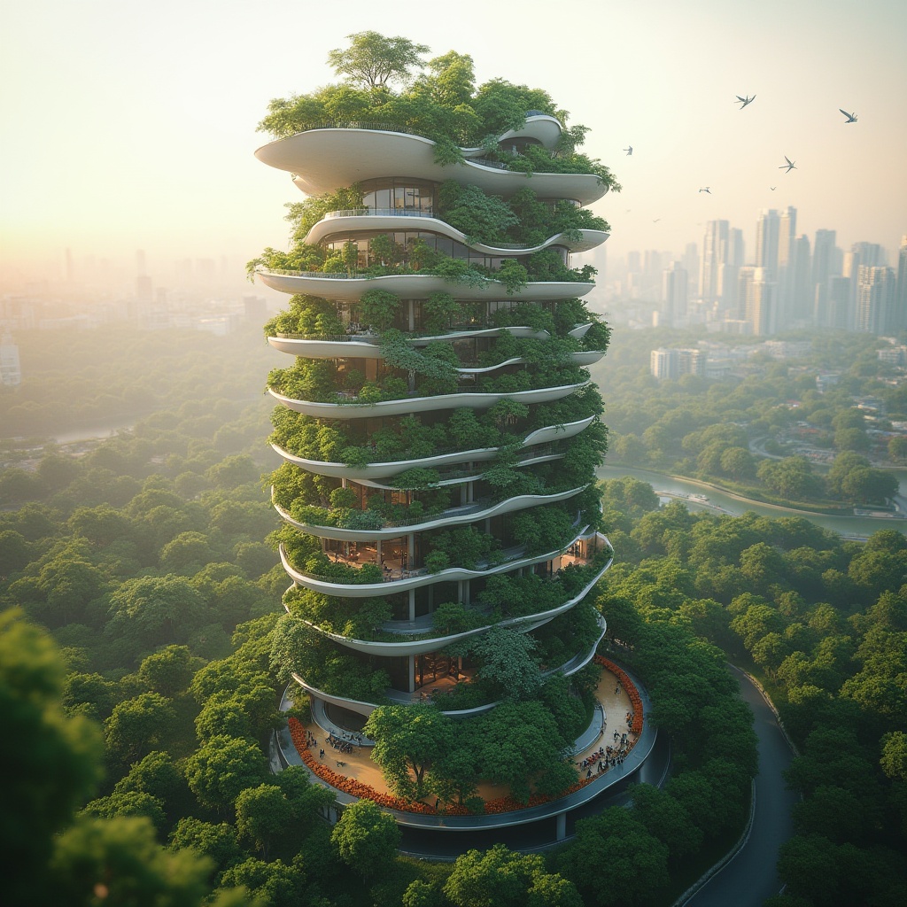 Prompt: Eco-friendly skyscraper, lush green roofs, solar panels, wind turbines, water conservation systems, recycled materials, minimal waste design, natural ventilation, abundant daylight, energy-efficient lighting, organic shapes, curved lines, futuristic aesthetics, urban oasis, vibrant cityscape, morning sunlight, soft warm glow, shallow depth of field, 1/1 composition, panoramic view, realistic textures, ambient occlusion.