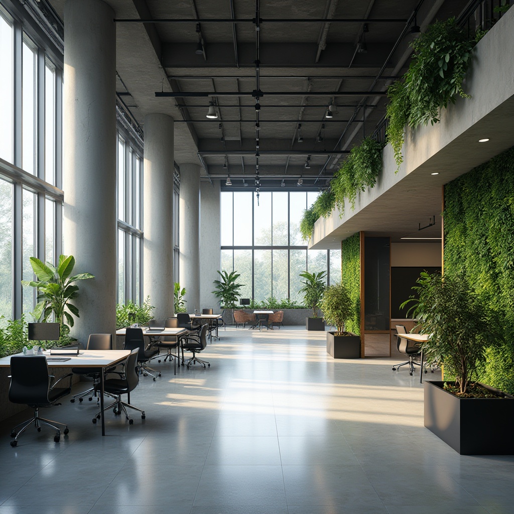 Prompt: Contemporary office building, open-plan layout, minimalist decor, sleek metal columns, polished concrete floors, floor-to-ceiling windows, natural daylight, collaborative workspaces, modular furniture, ergonomic chairs, green walls, air-purifying plants, dynamic LED lighting, 1/1 composition, shallow depth of field, realistic textures, ambient occlusion.