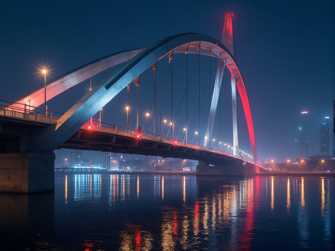 Prompt: Modern bridge, sleek metal arches, silver-gray paint, bold red accents, gleaming white highlights, urban cityscape, busy streets, concrete pillars, steel cables, suspension towers, dramatic night lighting, vibrant LED lights, misty morning fog, soft natural light, shallow depth of field, 1/2 composition, realistic reflections, ambient occlusion.