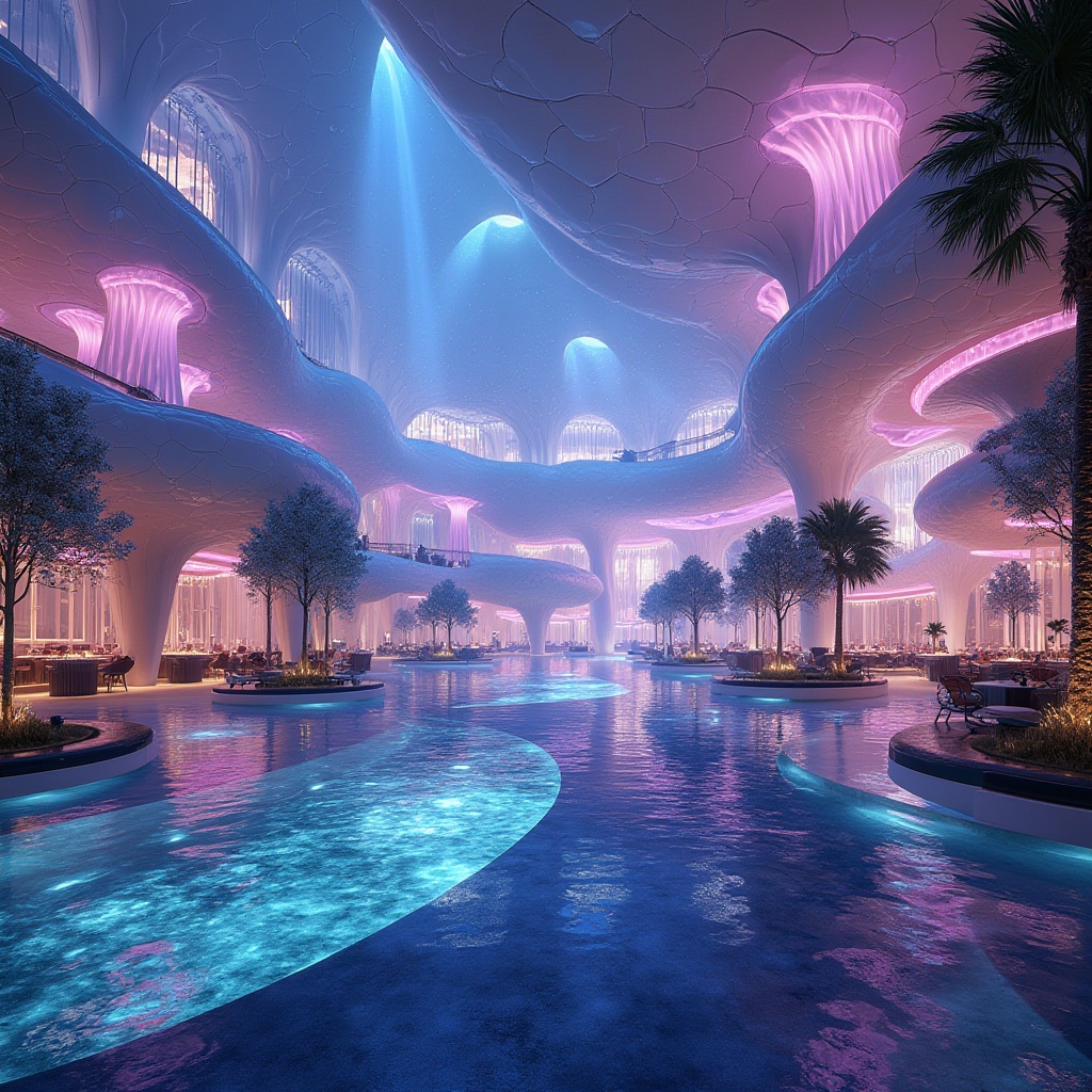 Prompt: Ethereal casino atmosphere, iridescent LED lighting, undulating curves, futuristic blob-like structures, translucent glass fa\u00e7ades, shimmering water features, lavish VIP lounges, intricate patterned carpets, luxurious velvet textures, ambient electronic soundscapes, neon-lit gaming areas, 3D projection mapping, dynamic architectural visuals, eco-friendly recycled materials, energy-harvesting systems, natural ventilation strategies, green roofs, solar panels, rainwater harvesting systems, organic-inspired shapes, parametric design elements, soft focus photography, cinematic lighting, shallow depth of field.