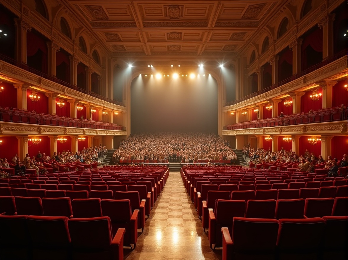 Prompt: Amphitheater seating, curved rows, optimal viewing angles, stepped platforms, elevated stages, grand entrance archways, ornate metal railings, plush red velvet curtains, dramatic spotlights, warm golden lighting, shallow depth of field, 2/3 composition, symmetrical architecture, neoclassical details, intricate moldings, polished marble floors, vibrant audience atmosphere, anticipation-filled crowd, evening event setting, soft misting effects.