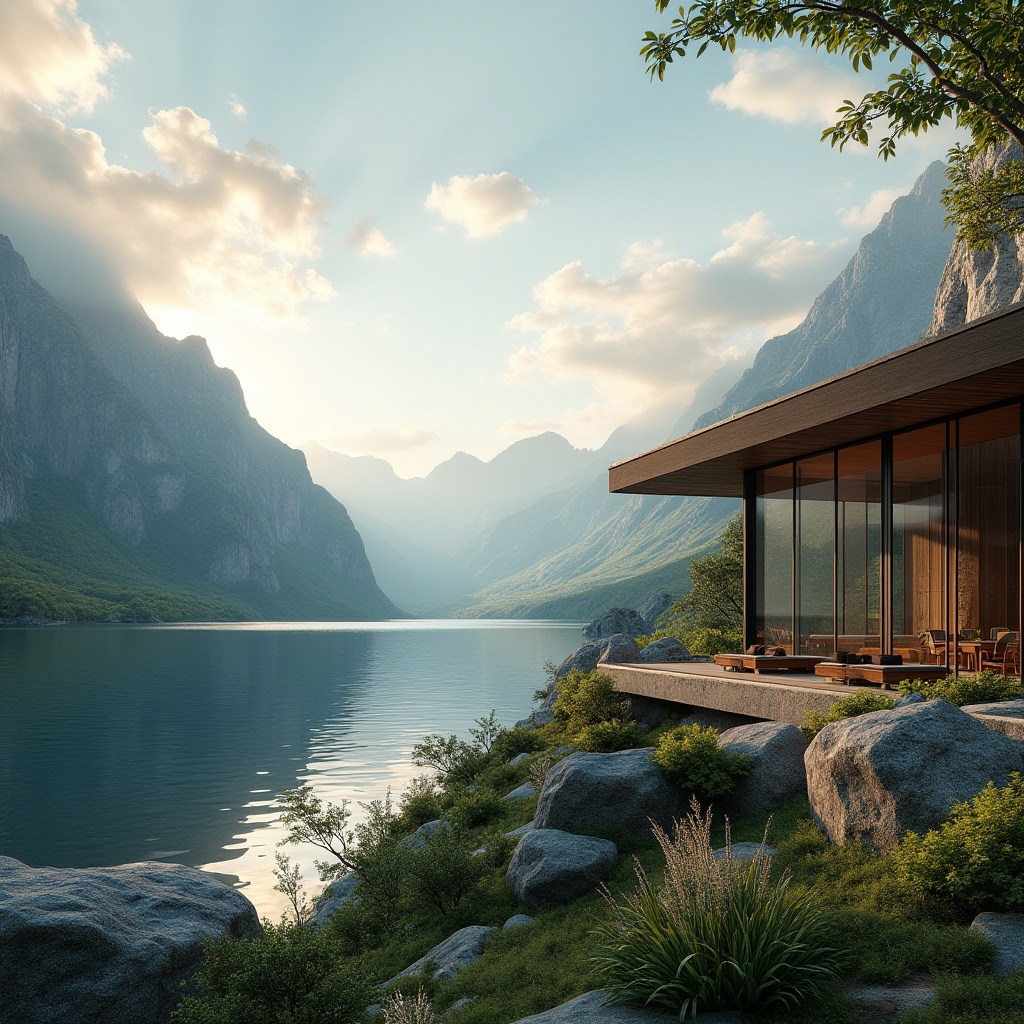 Prompt: Sweeping mountain ranges, serene lakeside, lush greenery, rustic stone walls, modern minimalist architecture, large glass windows, sliding doors, outdoor seating areas, wooden decks, cantilevered roofs, overhanging eaves, dramatic shadows, warm golden lighting, soft focus blur, shallow depth of field, 1/1 composition, panoramic view, realistic textures, ambient occlusion.