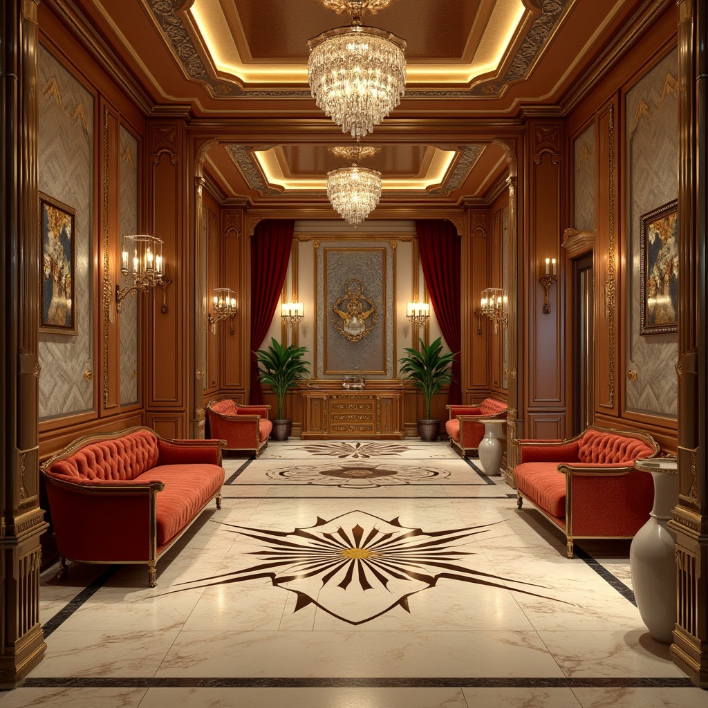 Prompt: Luxurious Art Deco interior, metallic accents, ornate patterns, geometric shapes, opulent fabrics, velvet drapes, marble floors, polished wood panels, chrome fixtures, crystal chandeliers, sunburst motifs, chevron designs, bold color schemes, high-gloss finishes, intricate inlays, natural stone walls, lavish furnishings, sophisticated ambiance, warm golden lighting, shallow depth of field, 1/1 composition, symmetrical framing, realistic reflections.