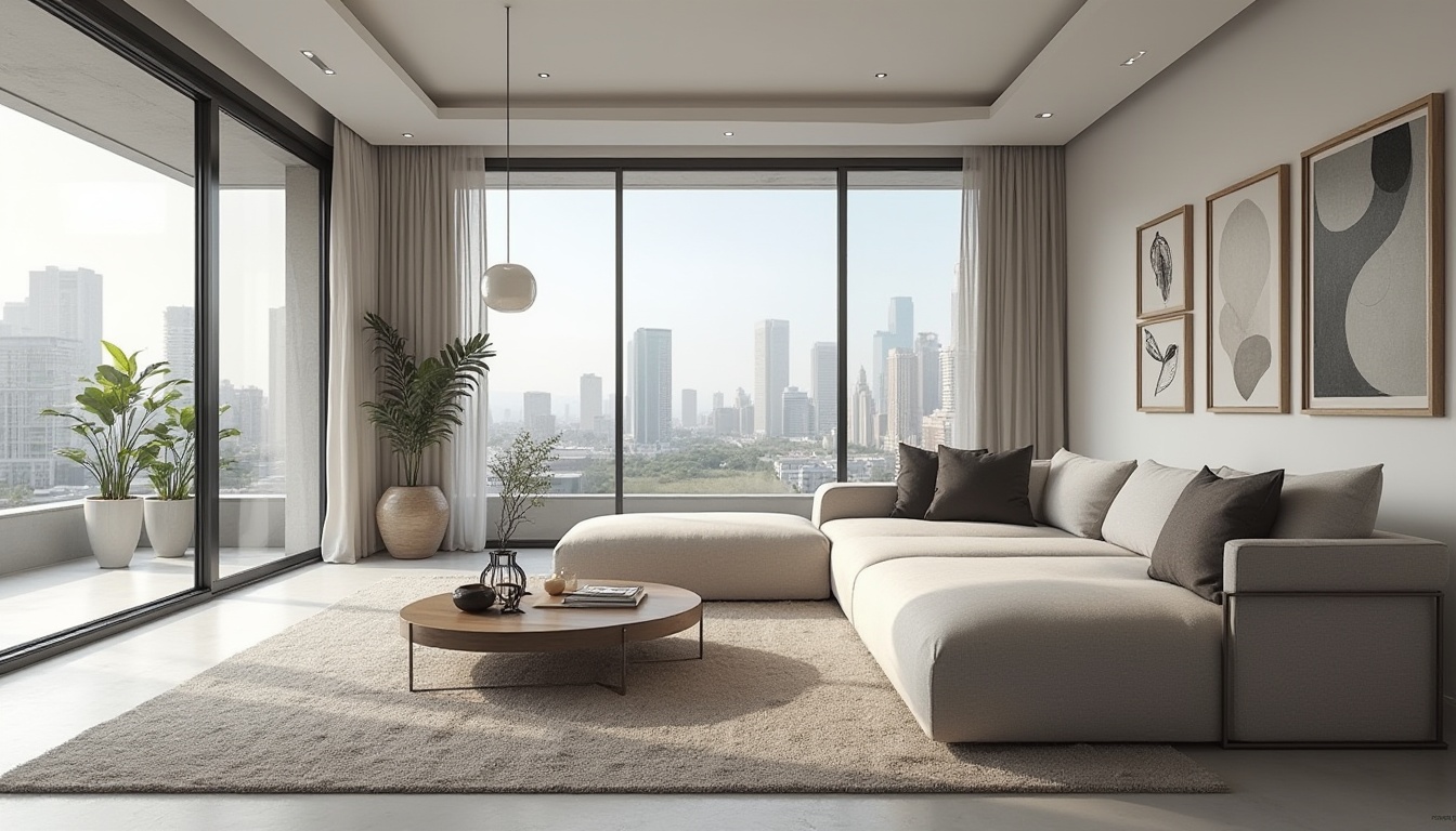 Prompt: Minimalist living room, low-profile furniture, sleek metallic legs, monochromatic color scheme, natural textiles, geometric patterns, abstract artwork, floor-to-ceiling windows, sliding glass doors, urban cityscape views, soft diffused lighting, 1/1 composition, shallow depth of field, realistic reflections, ambient occlusion, polished concrete floors, industrial-chic decor, functional minimalism, open-plan layout, flowing spaces, curved lines, avant-garde design elements.