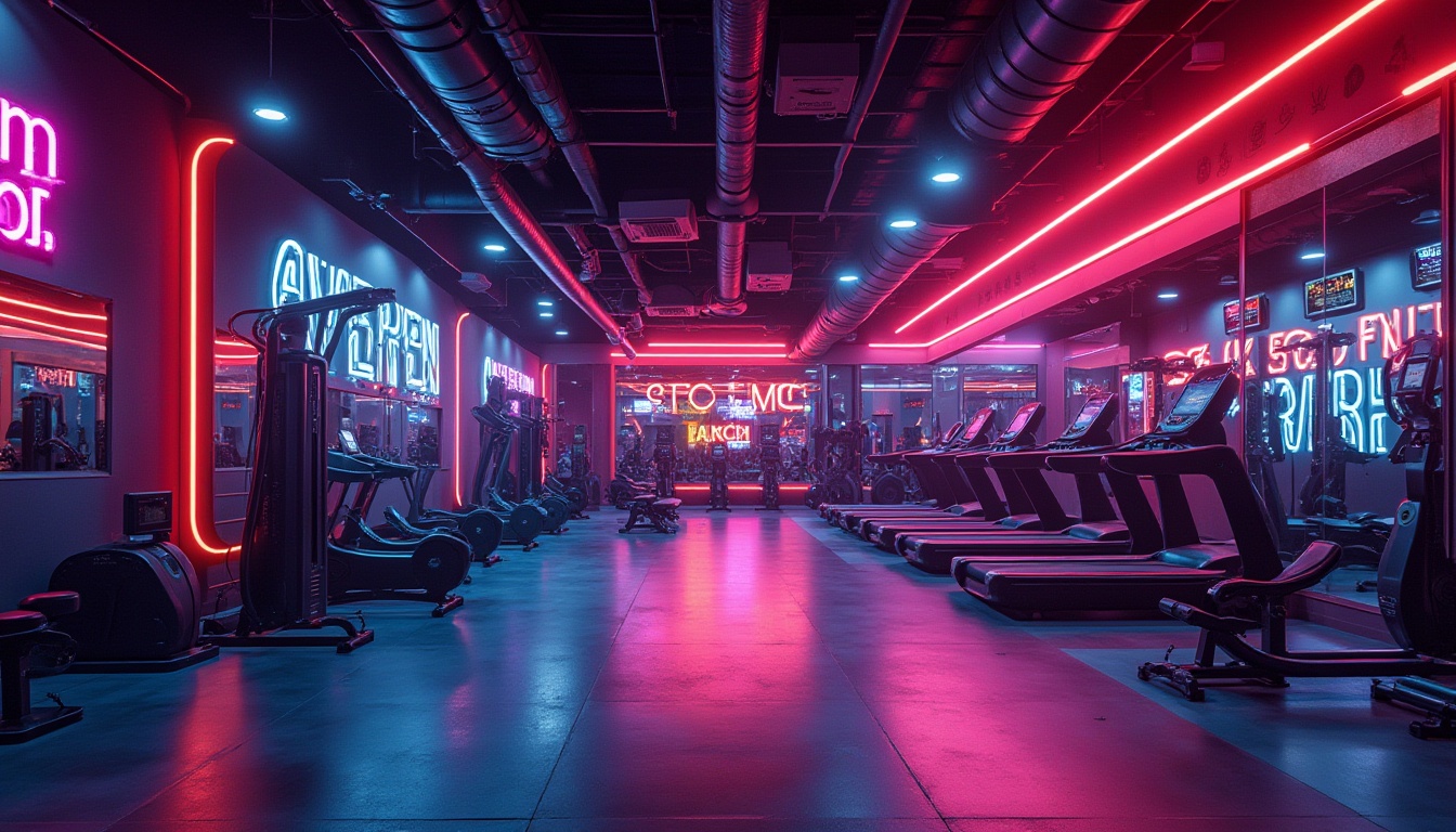 Prompt: Vibrant fitness club, bold color scheme, energetic atmosphere, neon lights, motivational quotes, sleek equipment, modern architecture, polished metal surfaces, dynamic shapes, high-intensity lighting, contrasting colors, dark accents, bright highlights, futuristic ambiance, state-of-the-art technology, innovative designs, abstract patterns, textured walls, metallic finishes, athletic vibes, competitive spirit, dynamic energy.