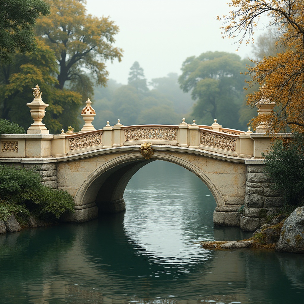 Prompt: Elegant bridge, neoclassical arches, ornate balustrades, majestic stone pillars, cream-colored stonework, soft beige railings, muted earthy tones, weathered copper accents, subtle golden highlights, refined ironwork, delicate filigree patterns, lush greenery surroundings, serene river waters, overcast skies, warm diffused lighting, shallow depth of field, 2/3 composition, symmetrical framing, realistic textures, ambient occlusion.