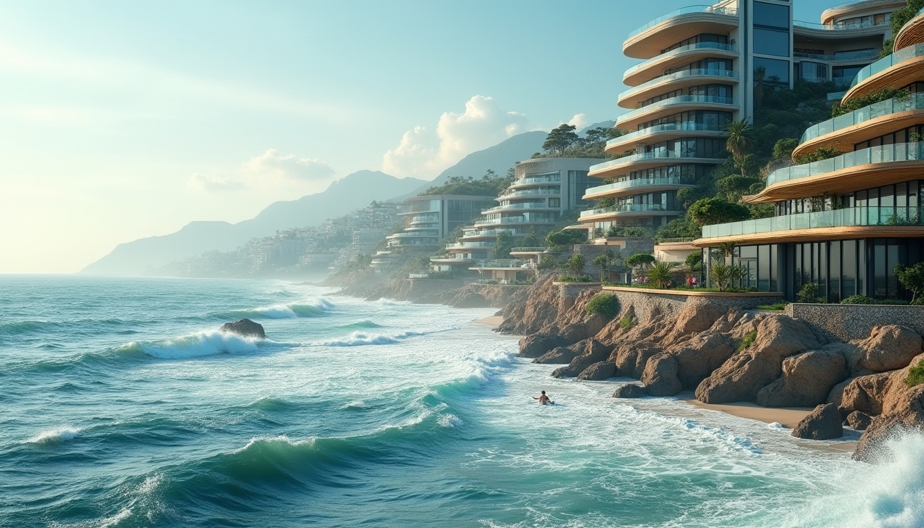 Prompt: Wave-crashing coastline, salty sea air, rugged cliffs, beachside promenade, modern coastal buildings, undulating facade, wavy balconies, ocean-inspired architecture, turquoise glass railings, driftwood accents, coral-patterned tiles, weathered steel cladding, wind-resistant design, cantilevered structures, panoramic ocean views, soft natural lighting, 1/1 composition, cinematic atmosphere, realistic water effects.