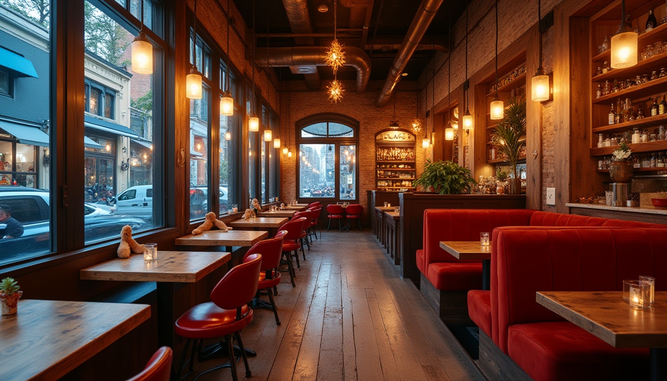 Prompt: Vibrant eatery, warm earthy tones, rich wood accents, creamy whites, deep blues, bold reds, golden lighting, industrial metal fixtures, reclaimed wooden tables, plush velvet booths, lively atmosphere, bustling cityscape, evening ambiance, soft focus, shallow depth of field, 1/2 composition, cinematic mood, realistic textures.