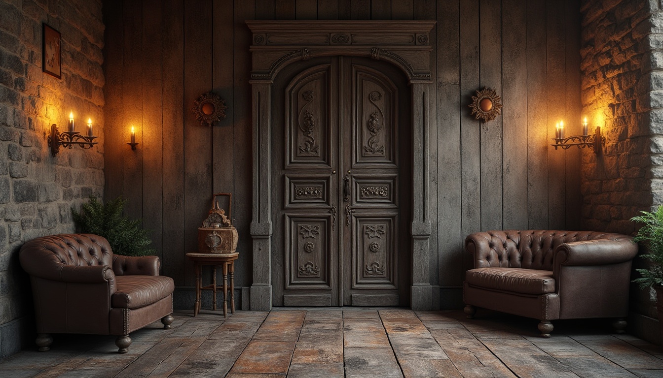 Prompt: Rustic wooden planks, distressed metal sheets, weathered stone walls, tactile concrete floors, intricately carved wooden doors, ornate metal fixtures, vintage leather upholstery, rich velvet drapes, warm candlelight, soft shadows, atmospheric mist, cinematic composition, realistic material interactions, ambient occlusion.