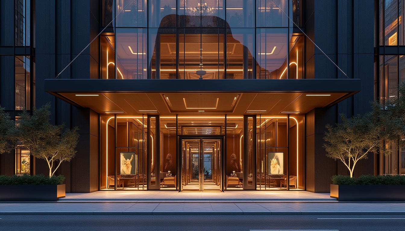 Prompt: Grand entrance, luxurious materials, sleek metal frames, floor-to-ceiling glass windows, modern minimalist aesthetic, bold angular lines, vibrant LED lighting, nighttime illumination, urban cityscape, bustling street activity, high-rise buildings, sophisticated architectural details, ornate stonework, grandiose columns, opulent interior design, lavish furnishings, 1/1 composition, dramatic shadows, low-key warm lighting.