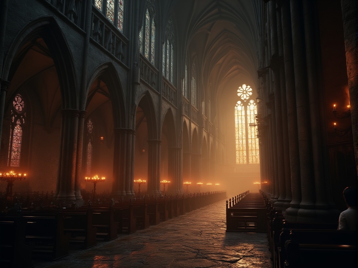 Prompt: Dark mysterious cathedral, vaulted ceilings, stained glass windows, ornate stone carvings, eerie candlelight, flickering torches, warm golden hues, dramatic shadows, misty atmospheric effects, ray tracing, ambient Occlusion, subtle lighting contrasts, mystical fog, eerie silence, hauntingly beautiful scenery.