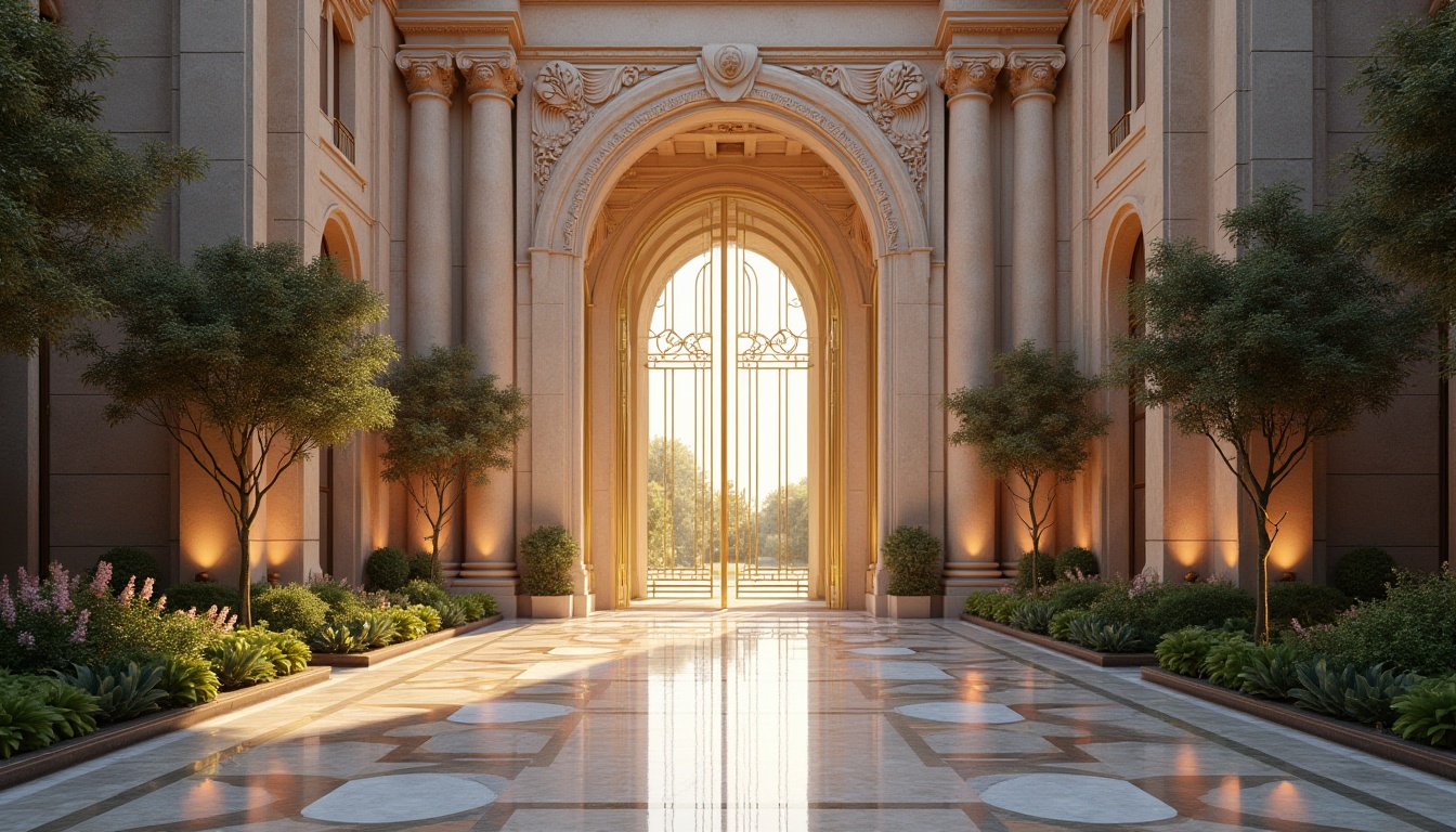 Prompt: Grand entrance, ornate gates, elegant pillars, majestic arches, intricate stone carvings, luxurious materials, metallic accents, sophisticated lighting, dramatic shadows, symmetrical composition, vibrant colors, bold contrasts, eye-catching patterns, modern minimalism, sleek lines, futuristic aesthetic, gleaming glass surfaces, polished marble floors, lush greenery, blooming flowers, sunny day, soft warm lighting, shallow depth of field, 3/4 composition, panoramic view.