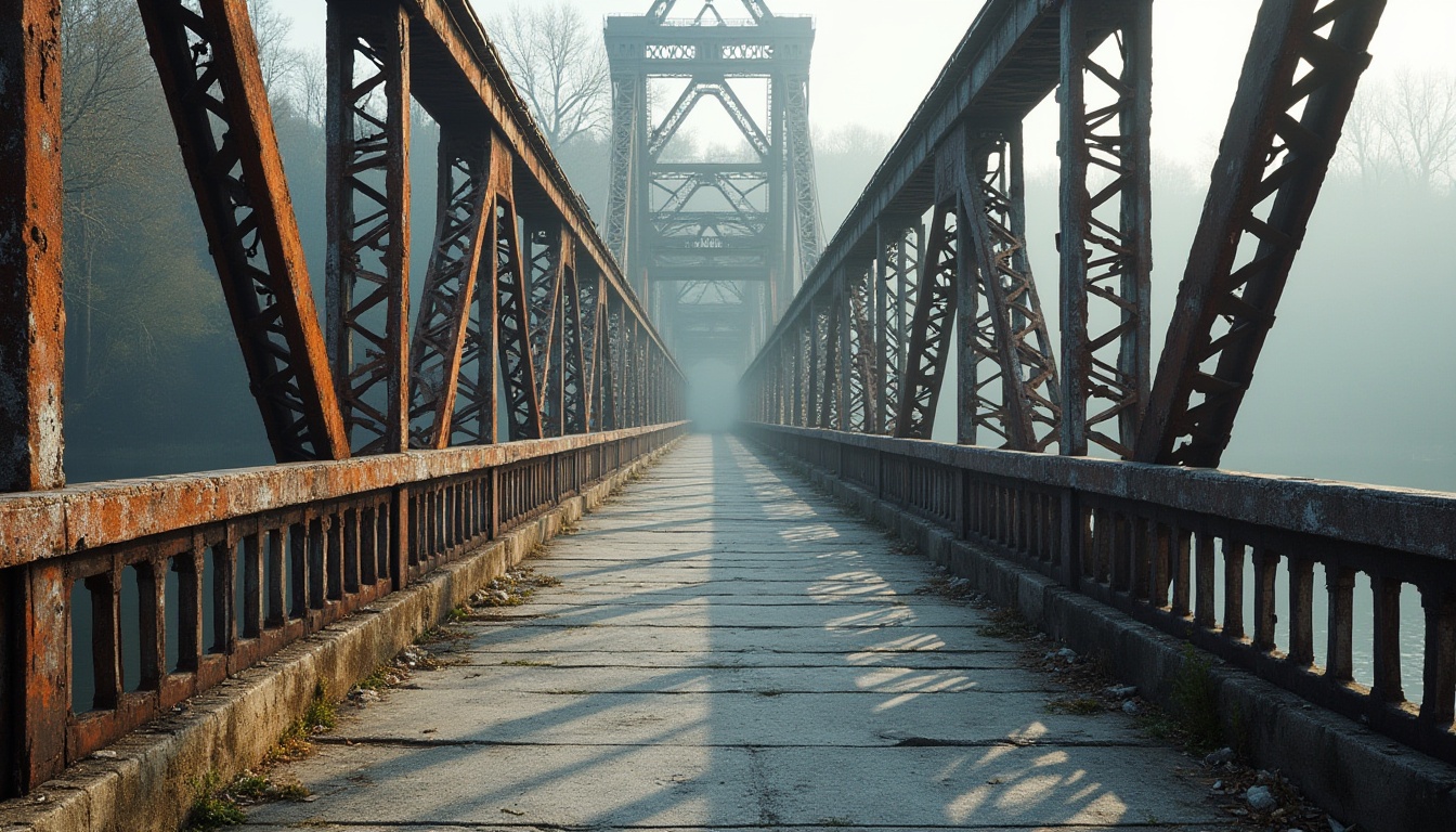 Prompt: Rustic steel bridges, weathered wood accents, sturdy stone piers, reinforced concrete decks, galvanized railings, durable asphalt pavement, textured walkways, scenic river views, misty morning atmosphere, soft natural lighting, shallow depth of field, 2/3 composition, realistic reflections, ambient occlusion.