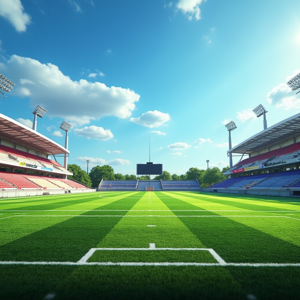 Prompt: Vibrant sports field, lush green grass, bold white lines, bright blue sky, warm sunny day, natural stone bleachers, metal goalposts, colorful team logos, dynamic scoreboard displays, modern floodlights, shallow depth of field, 1/2 composition, panoramic view, realistic textures, ambient occlusion.