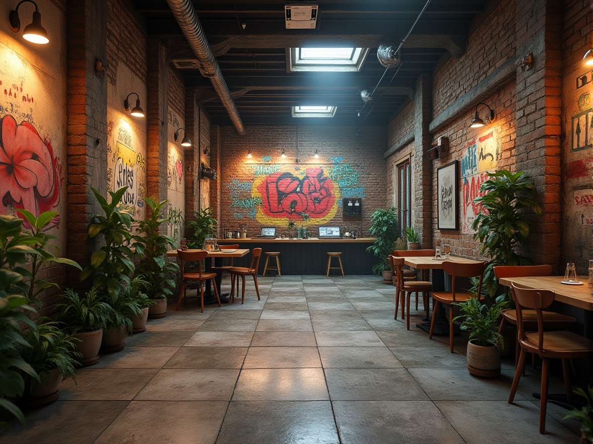 Prompt: Rustic wooden planks, distressed metal panels, vibrant graffiti murals, industrial concrete floors, reclaimed brick walls, eclectic decorative tiles, lush greenery installations, natural stone accents, warm ambient lighting, cozy atmospheric fog, shallow depth of field, 1/2 composition, cinematic camera angles, realistic surface normals, detailed texture mapping.