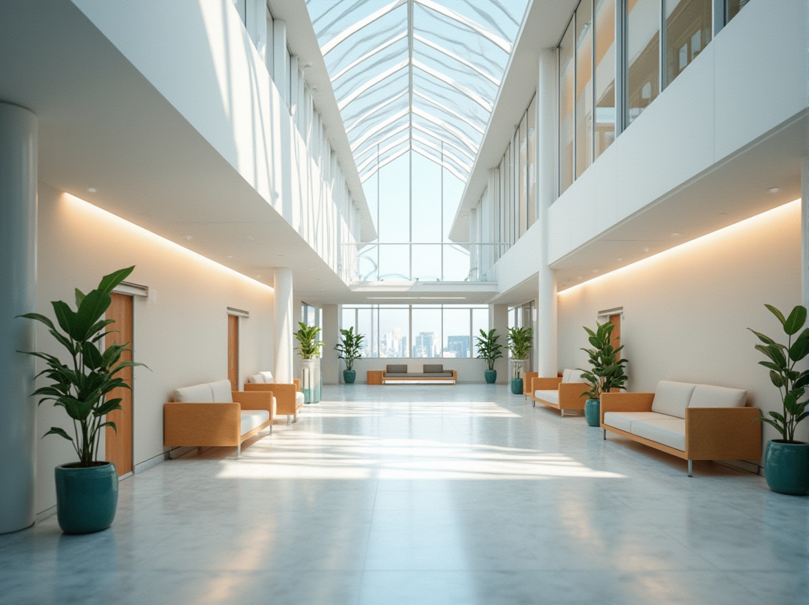 Prompt: Spacious hospital interior, abundant natural light, large windows, clerestory roofs, skylights, transparent corridors, reflective surfaces, minimalist decor, calming color scheme, soothing textures, patient-centered design, comfortable waiting areas, peaceful ambiance, gentle indirect lighting, soft warm tones, shallow depth of field, 1/1 composition, realistic rendering, ambient occlusion.