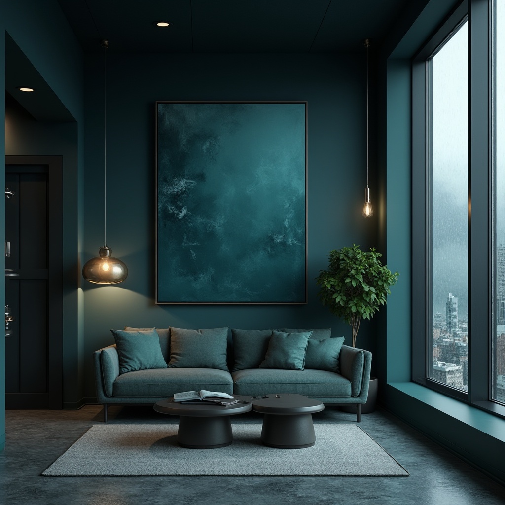 Prompt: Moody dark cyan walls, sleek modern furniture, metallic accents, minimalist decor, industrial-chic lighting fixtures, polished concrete floors, geometric patterns, abstract artwork, urban cityscape views, misty rainy day, soft cool lighting, shallow depth of field, 2/3 composition, cinematic atmosphere, realistic reflections, ambient occlusion.