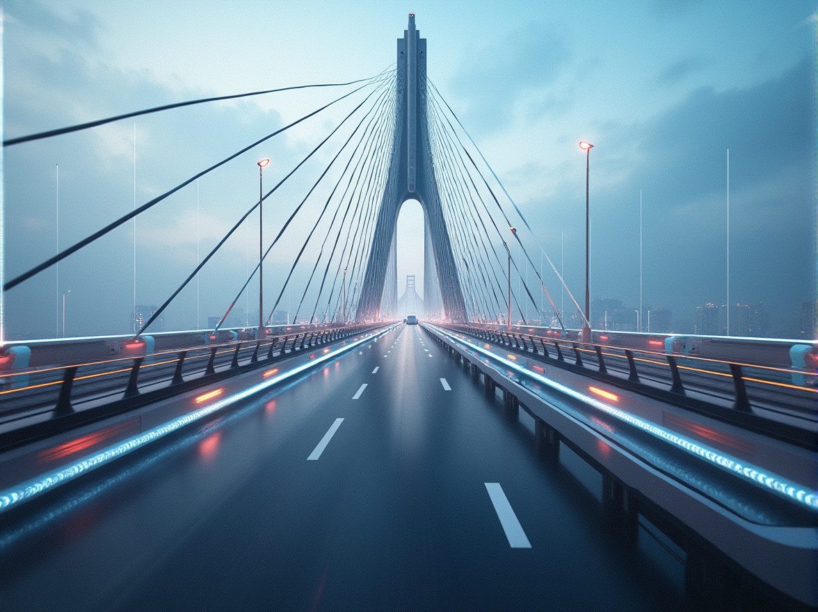 Prompt: Futuristic suspension bridge, sleek steel cables, modern angular piers, dynamic curved roadway, gleaming metallic surfaces, LED lighting systems, vibrant color schemes, urban cityscape, misty morning atmosphere, shallow depth of field, 1/1 composition, symmetrical framing, dramatic low-angle shot, realistic reflections, ambient occlusion.