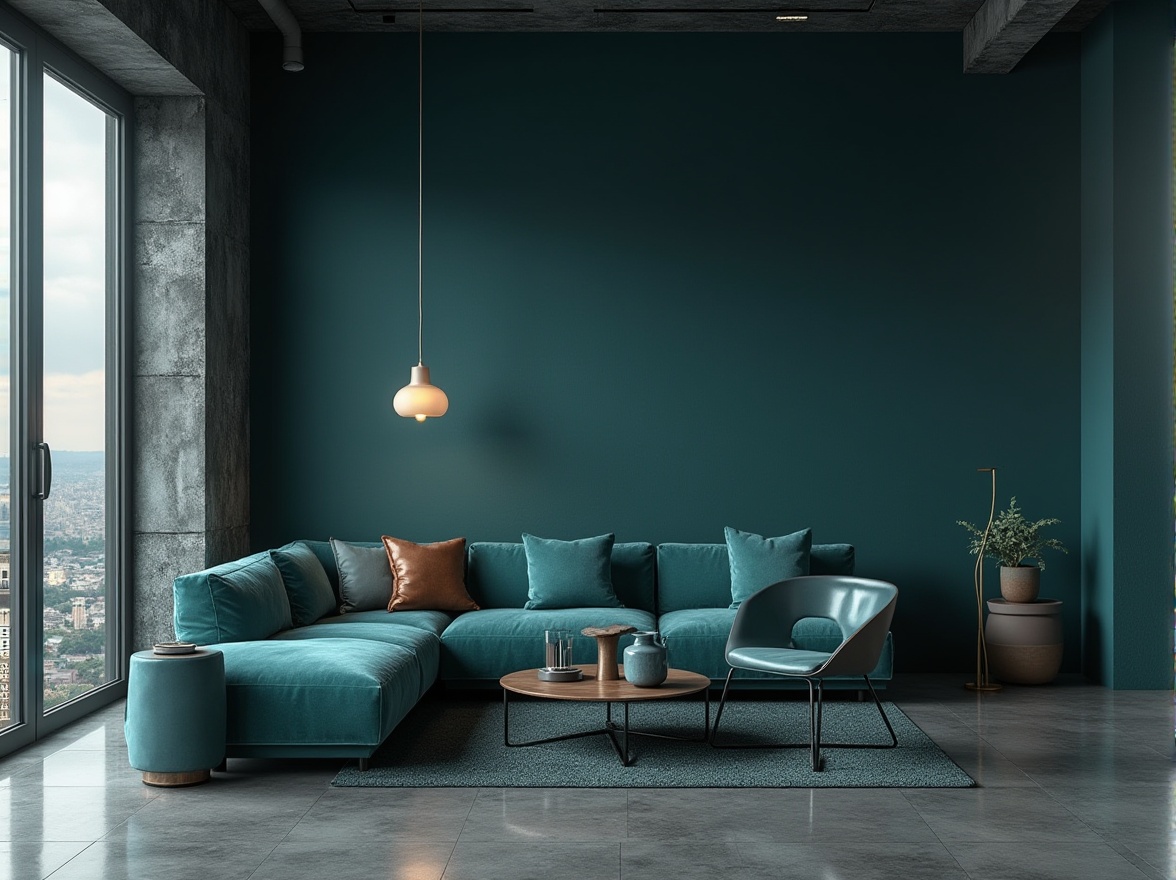 Prompt: Moody dark cyan walls, sleek modern furniture, metallic accents, abstract art pieces, geometric patterns, industrial-chic decor, minimalist lighting fixtures, polished concrete floors, urban cityscape views, cloudy grey skies, dramatic shadows, high contrast ratio, cinematic atmosphere, 2.35