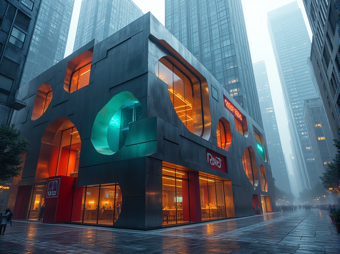 Prompt: Geometric facade, abstract shapes, bold colors, metallic materials, industrial textures, urban cityscape, modern skyscraper, cantilevered structures, asymmetrical composition, dynamic angular lines, futuristic aesthetics, neon lighting, misty atmosphere, shallow depth of field, 1/1 composition, realistic reflections, ambient occlusion.